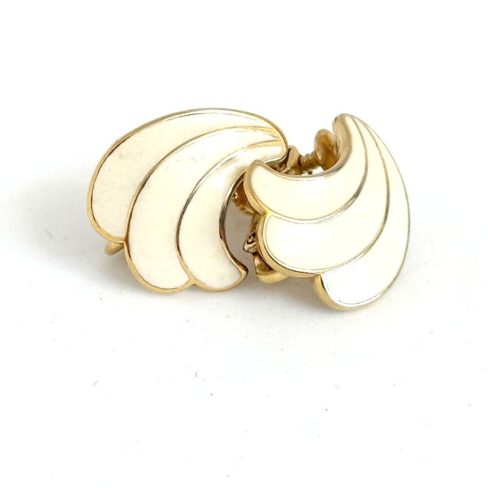 Napier cream enamel and gold tone stud clip on earrings fan shaped